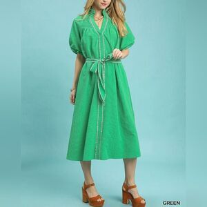 *Last DAY* Umgee Women's Ruffle Collar Belted Midi Dress Stripe Trim sz Large